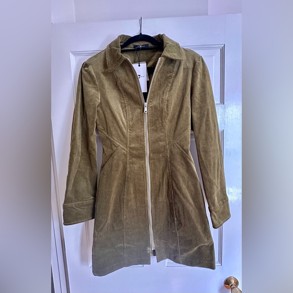 7 For All Mankind Corduroy Zip-Up Dress in Olive Green